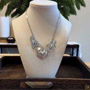 Silver Sacred Heart Charm Necklace Statement Chain Edgy Layered Pendant